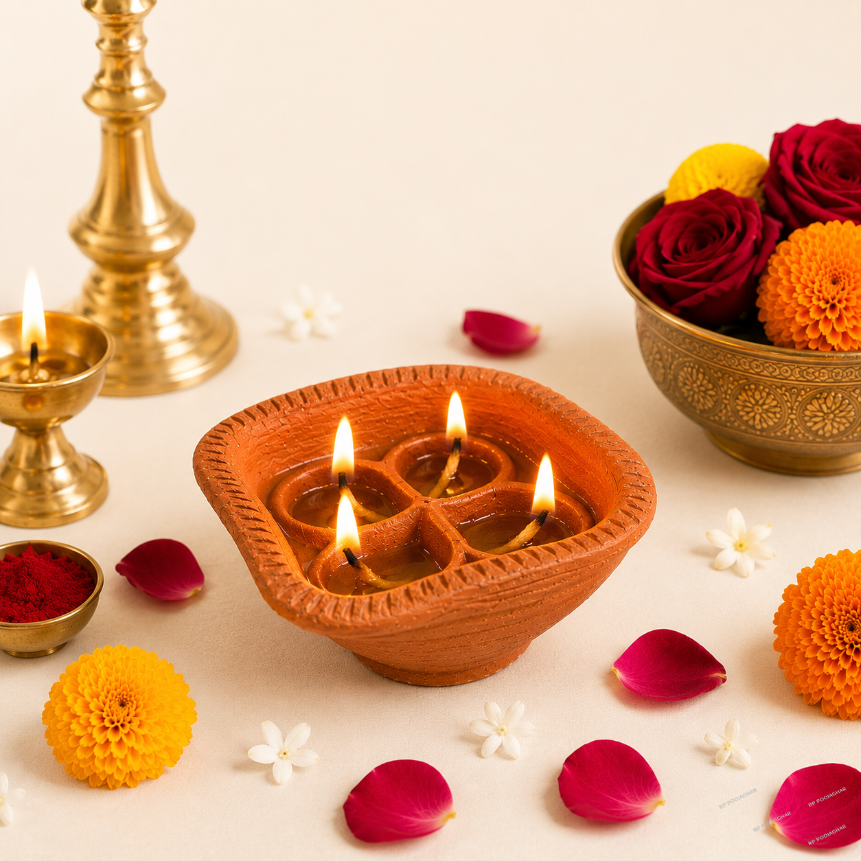 Charmukhi Mud Diya – Traditional Four-Wick Clay Diya for Pooja & Festivals