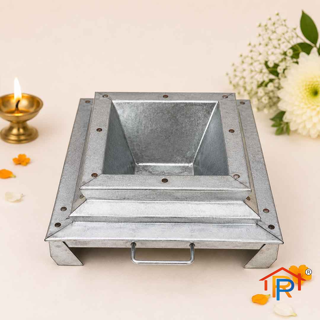 Square Galvanized Iron Havan Kund, Traditional Fire Pit with Wooden Handles for Puja and Yagna