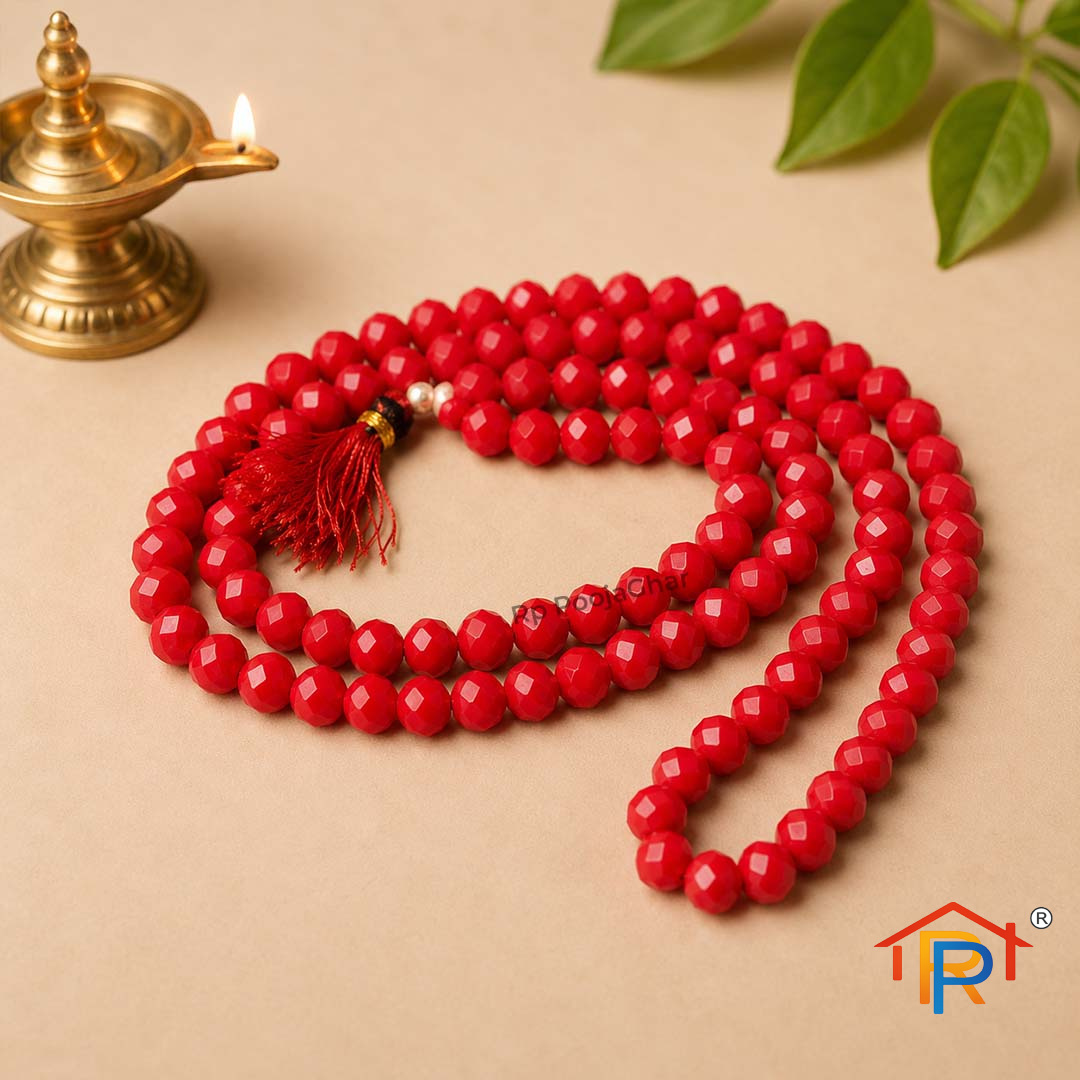 RP PoojaGhar Red Crystal Mala | 108 Premium Crystal Beads | Prayer & Japa Mala for Meditation, Chanting & Daily Worship
