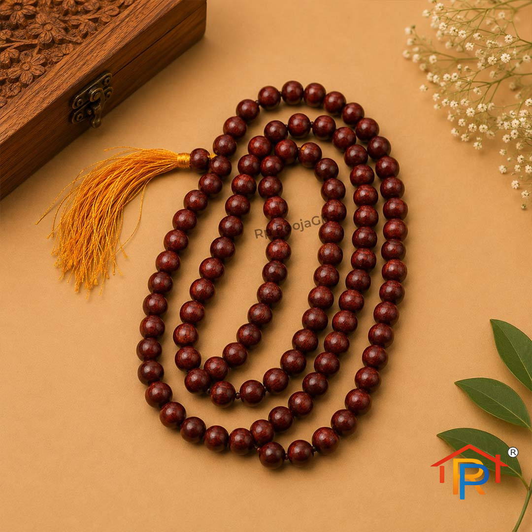 RP PoojaGhar Red Chandan Mala | Original Red Sandalwood Mala | 108 Natural Beads | Japa Mala for Meditation, Chanting & Daily Worship