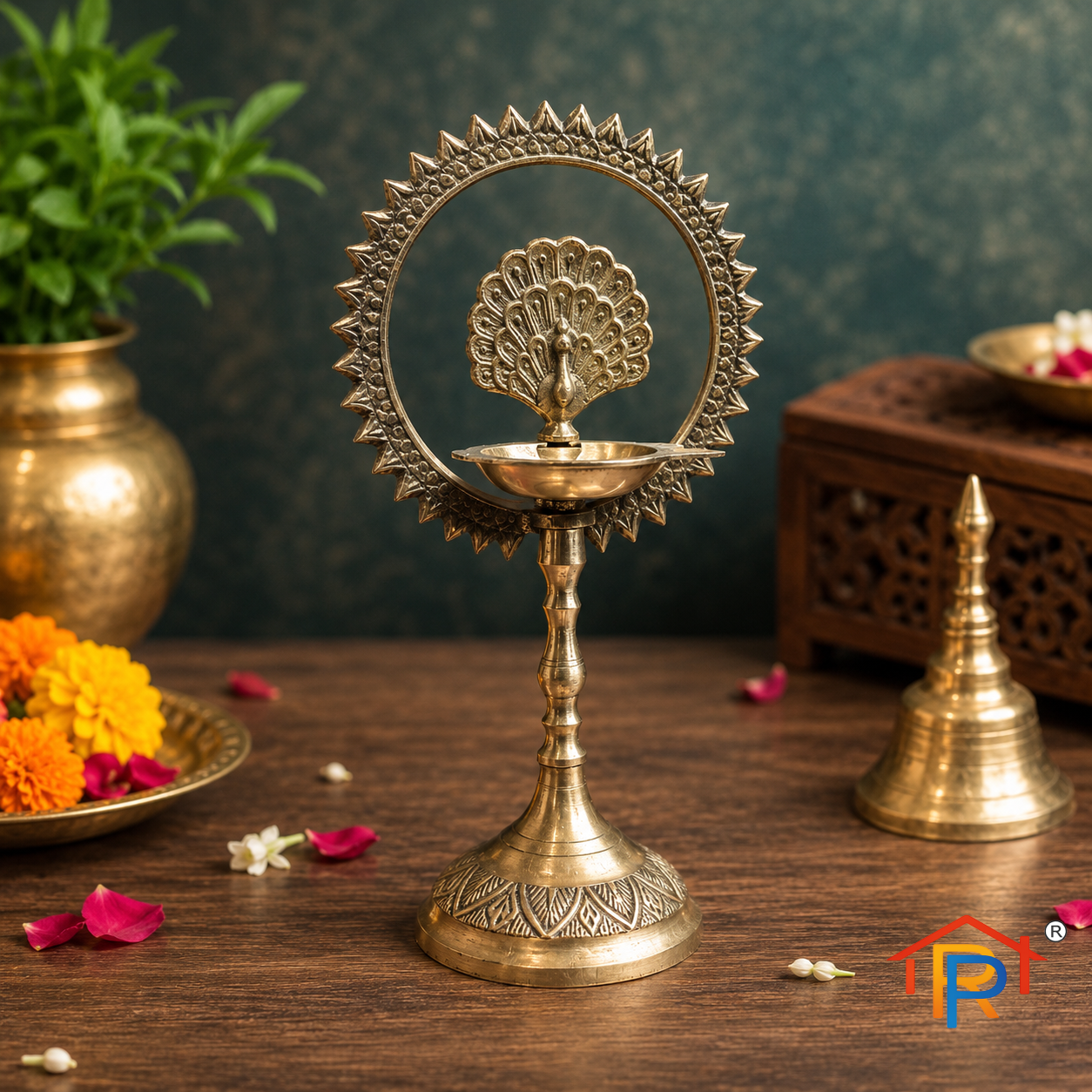 RP PoojaGhar Peacock Brass Diya | Traditional Brass Oil Lamp with Peacock Design | Decorative Diya for Puja