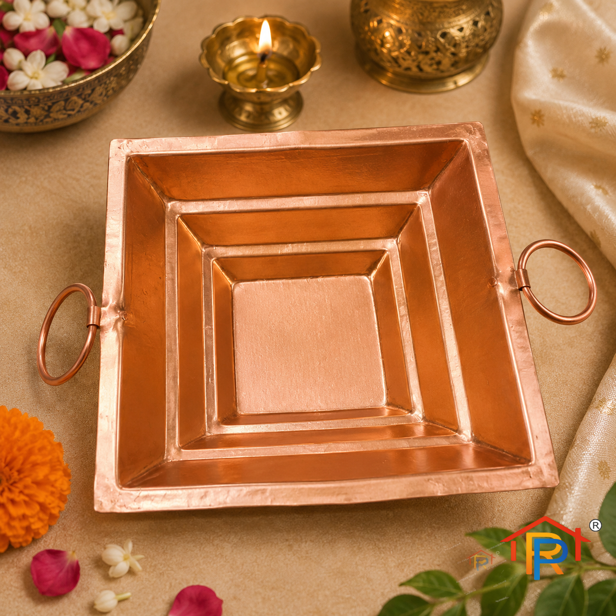 Pure Copper Havan Kund with Handle | Agnihotra Yagna Kund (17 × 17 × 7 cm)